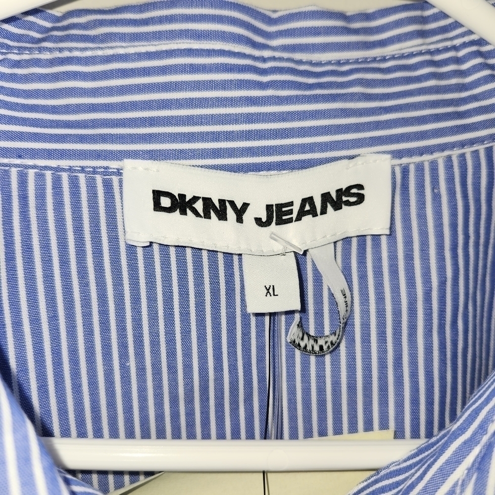 NWT D K N Y Ladies Blue Striped Shirt Covered in  Mini sequins - Picture 3 of 5
